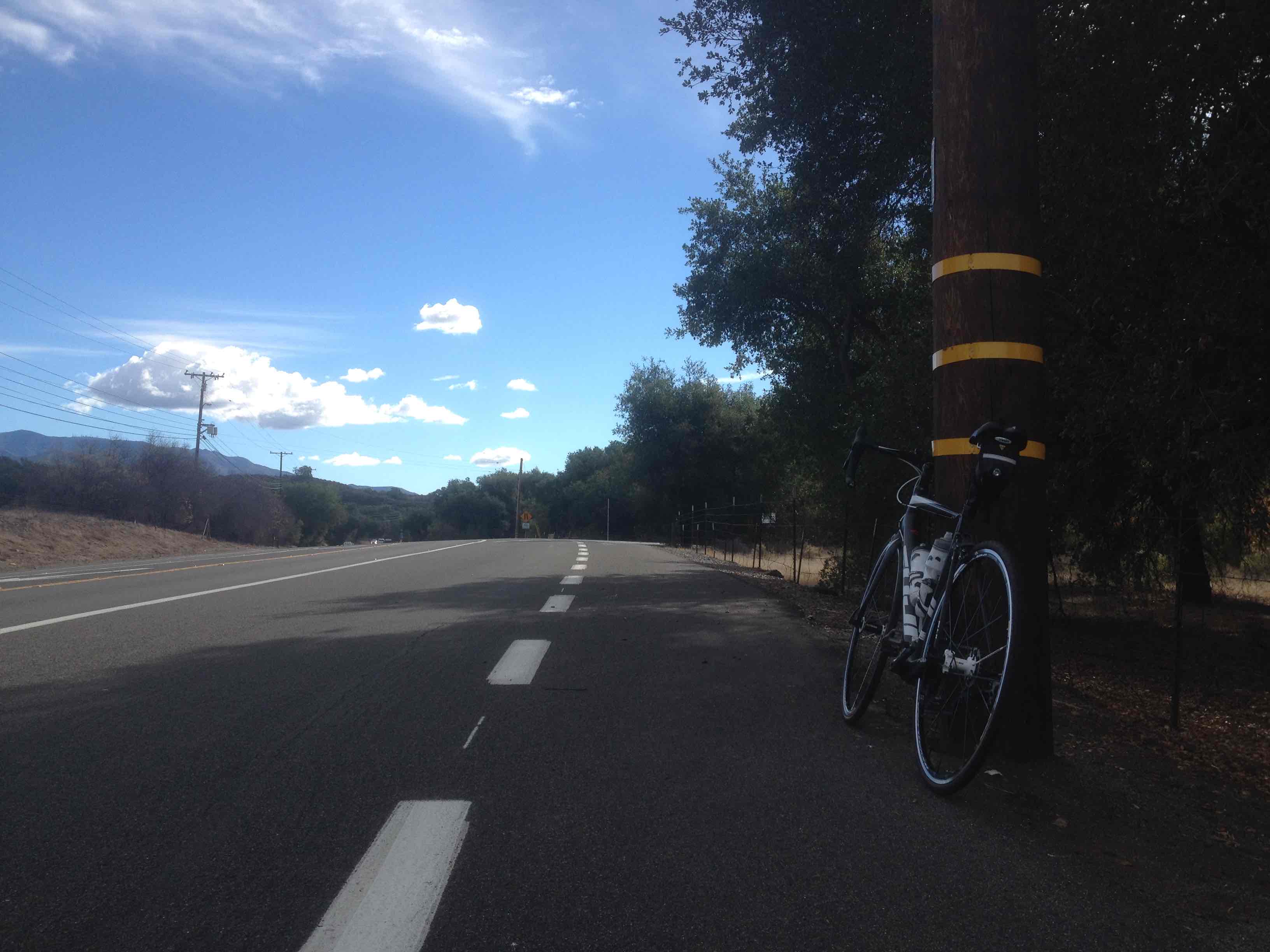 Fuji Altamira road bike leaning against telephone pole on Santiago Canyon Road in Orange County, California