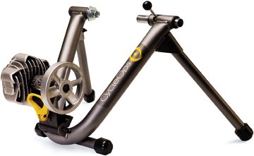 Stock image of a bicycle trainer that uses fluid to provide resistance for physical training