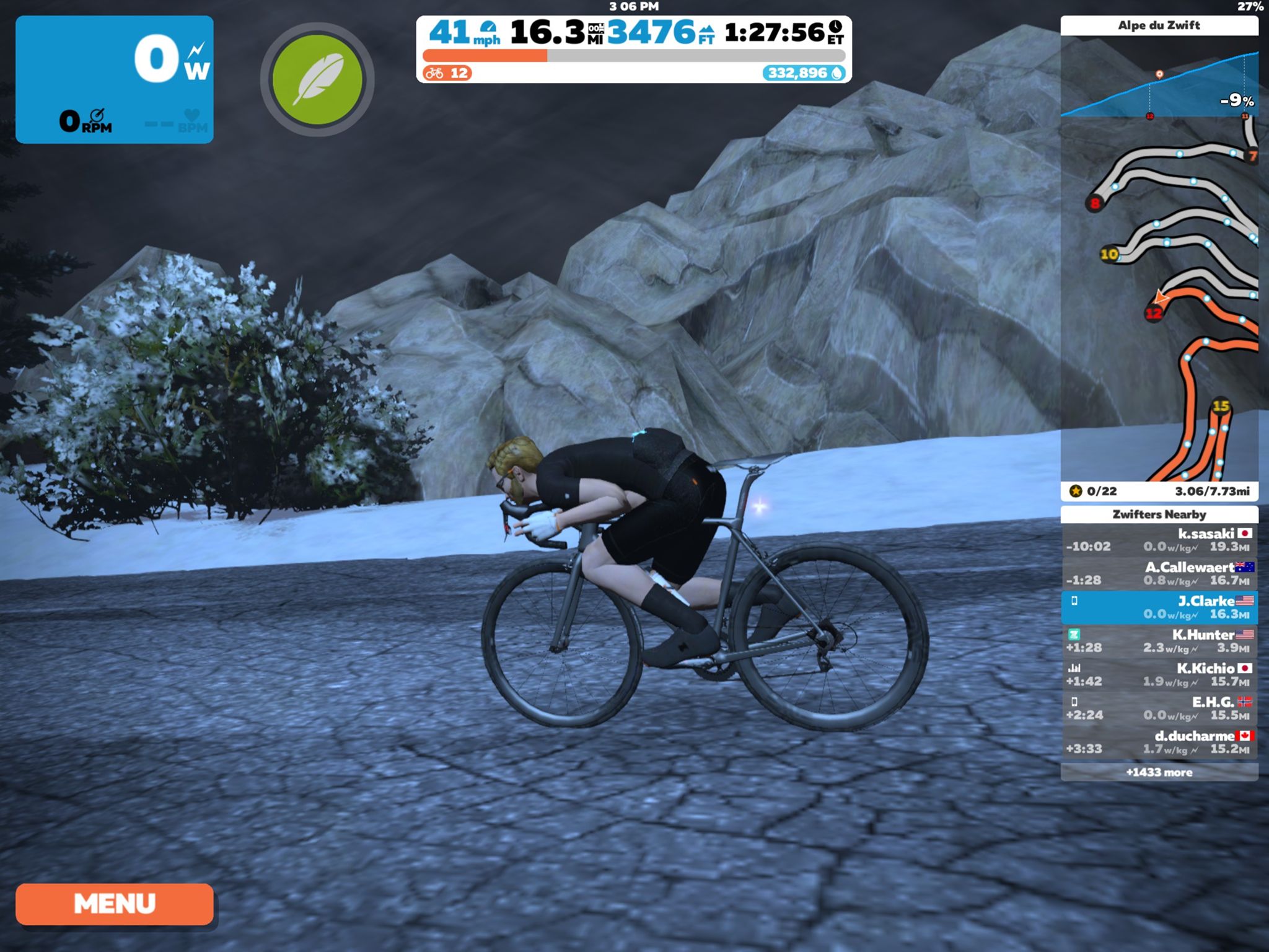 A virtual avatar cyclist in Zwift performing a supertuck in-game