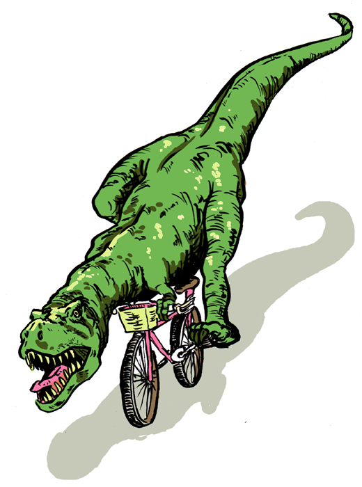 Drawing of a T-Rex on the back of a bicycle