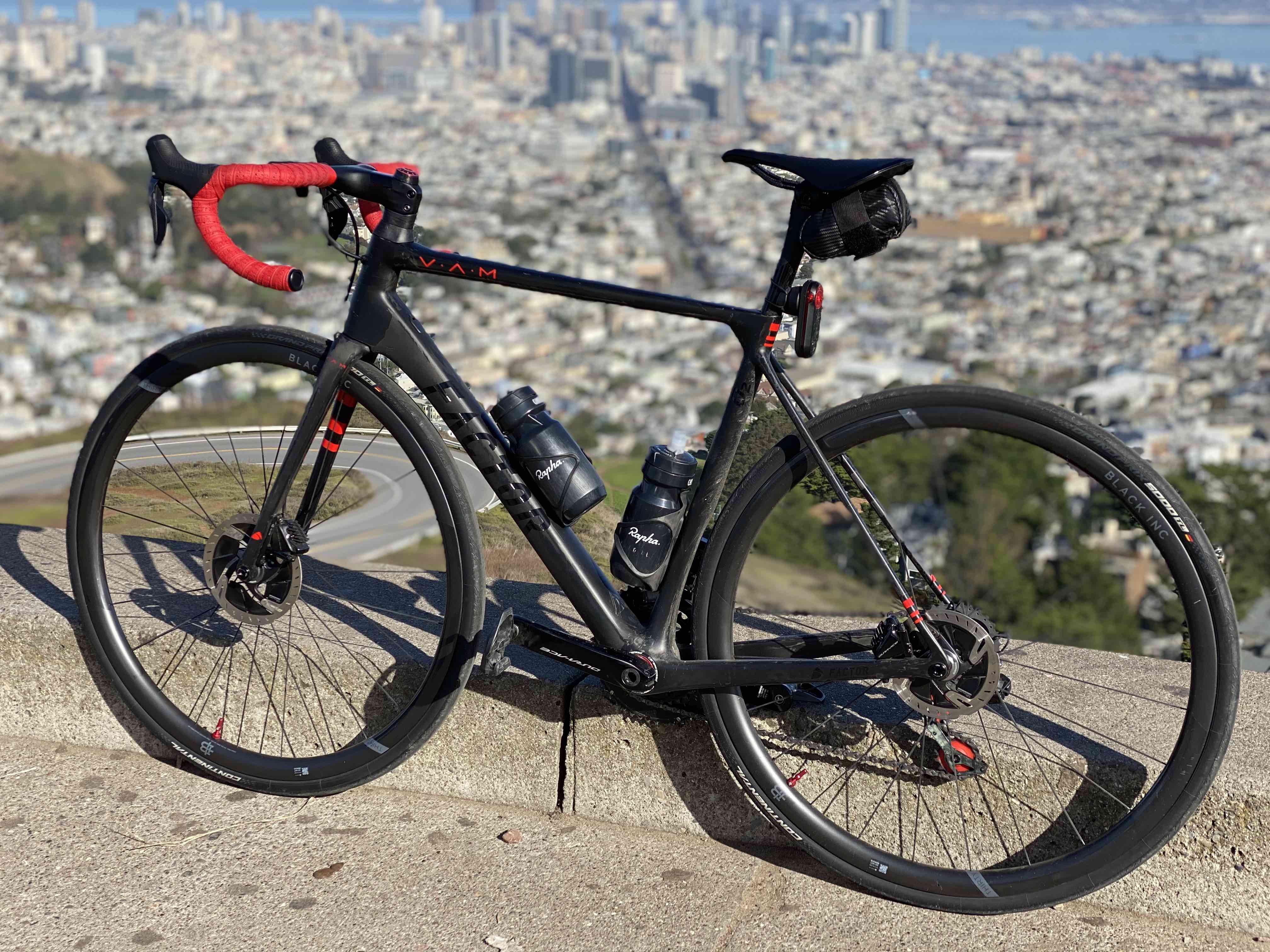 Factor O2 VAM bicycle leaning against the wall at Twin Peaks in San Francisco, California