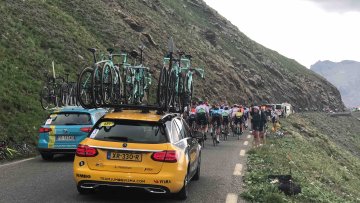 That was a wild day, Galibier climb, stage 19 of the 2019 Tour de France Bike rack on top of Team Jumbo Visma support car during 2019 Tour de France