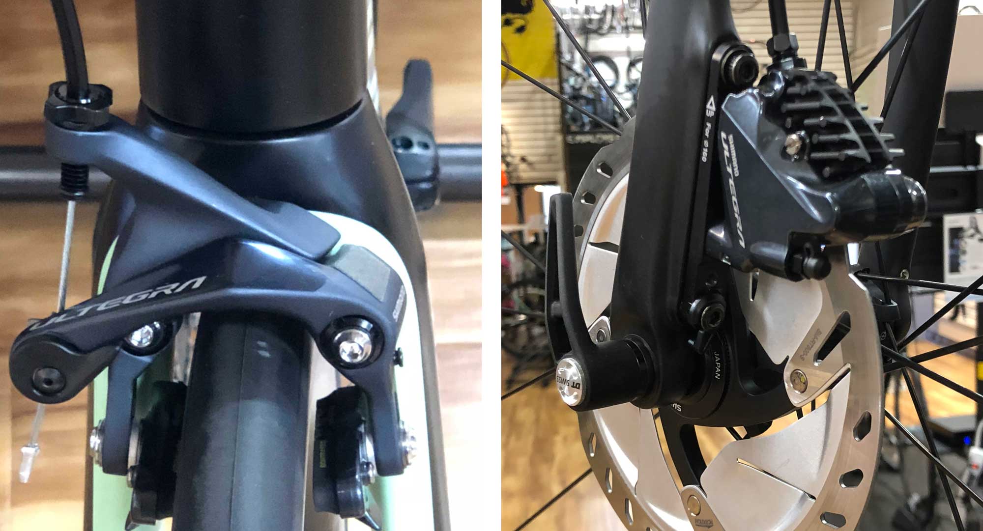 Rim brake mounted on a bicycle compared to a disc brake mounted on a similar bicycle