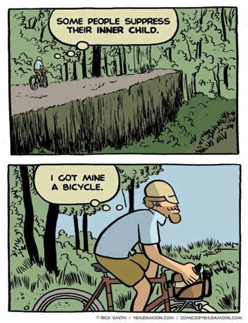 Comic from www.yehudamoon.com of a man riding a bicycle, channeling his inner child