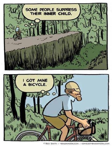 Comic from www.yehudamoon.com of a man riding a bicycle, channeling his inner child