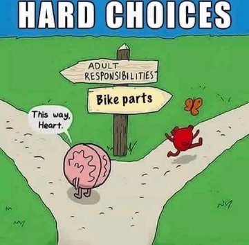 Hooray, let's go ride our new stuff! Awkward Yeti comic with Bike Parts used at a Y in the road