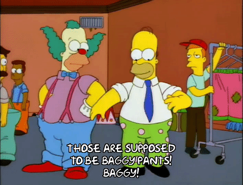 Homer Simpson wearing clown pants that are supposed to be baggy