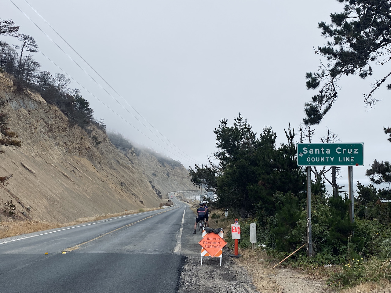 The Santa Cruz county line sign along Cabrillo highway near Davenport, CA