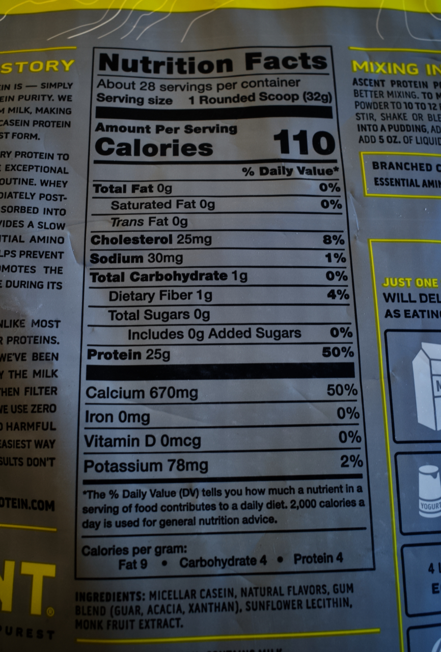 nutrition label for Ascent casein protein bag