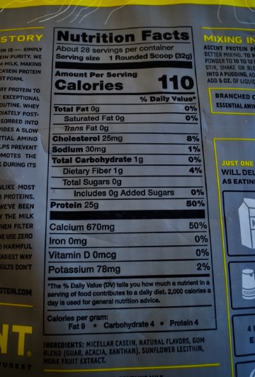 Suspiciously on the dot, isn't it? nutrition label for Ascent casein protein bag