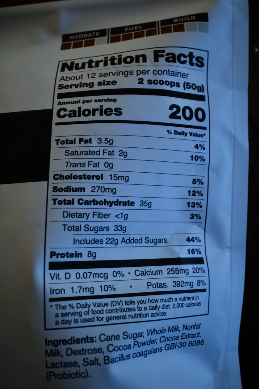 label from Skratch's recovery mix, showing a 4:1 ratio of carbs to protein