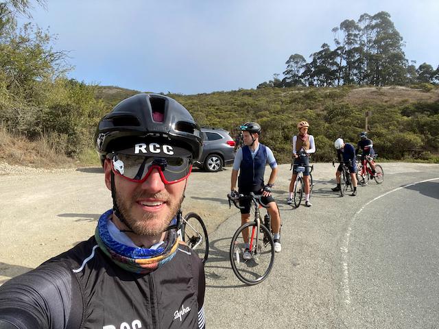 Selfie shot of cyclist leading a ride for the San Francisco Chapter of the Rapha Cycling Club