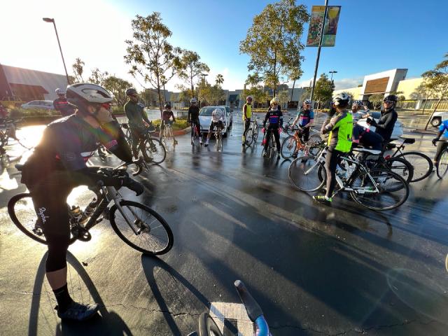Group of cyclists from the Orange County chapter of the Rapha Cycling Club starting a ride in Costa Mesa, California