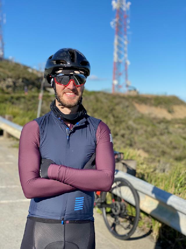 Cyclist portrait at the top of San Bruno Mountain near the radio towers