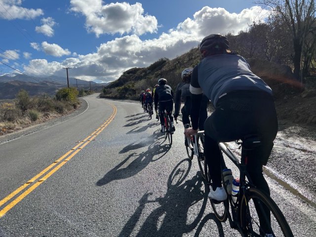 Pacelining group of cyclists along Santiago Canyon Road