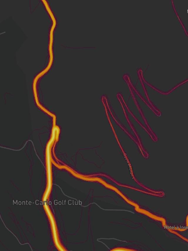 Strava's heatmap image showing the lack of data up to Mont Agel