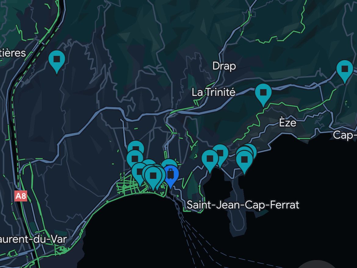 Screenshot of saved Google maps locations near Nice, France
