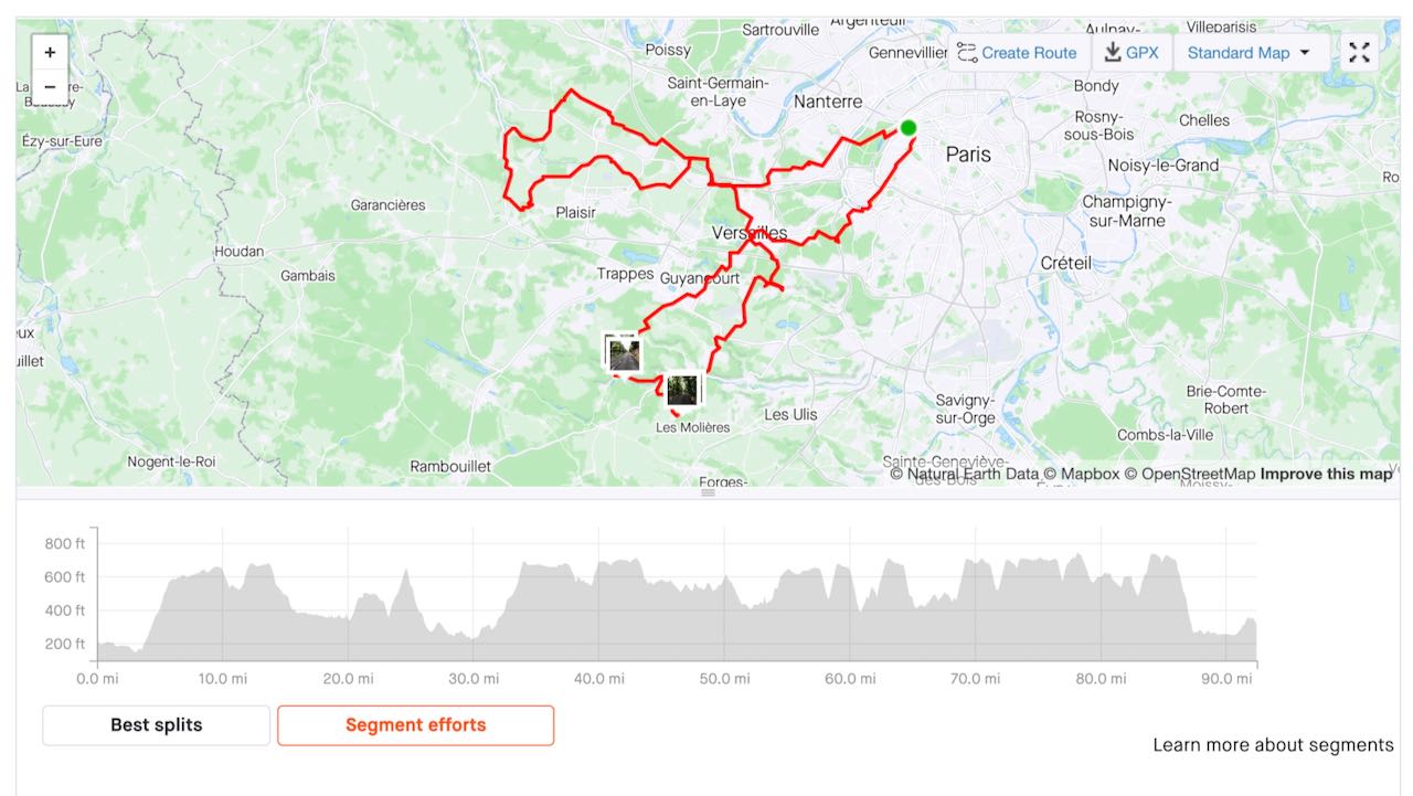 Screenshot from Strava showing a bicycle ride outside of Paris towards Versailles