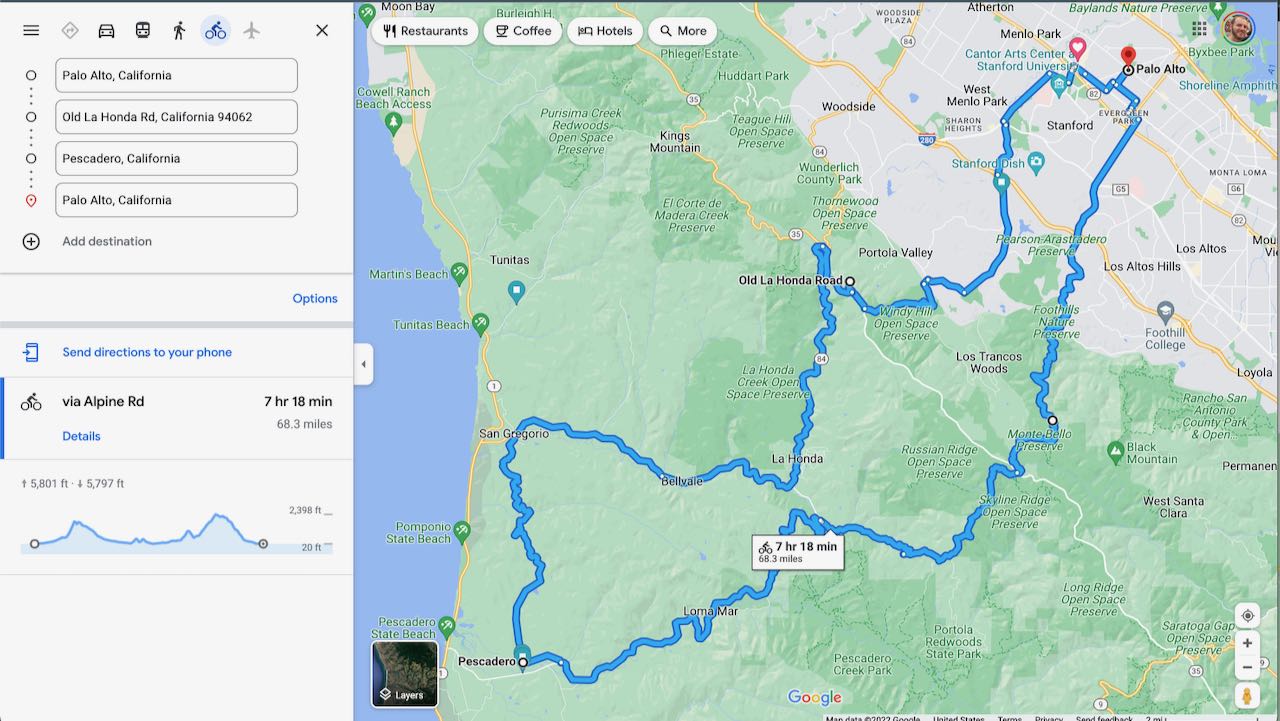 Screenshot of Google Maps showing a route from Palo Alto, CA to Pescadero, CA and back