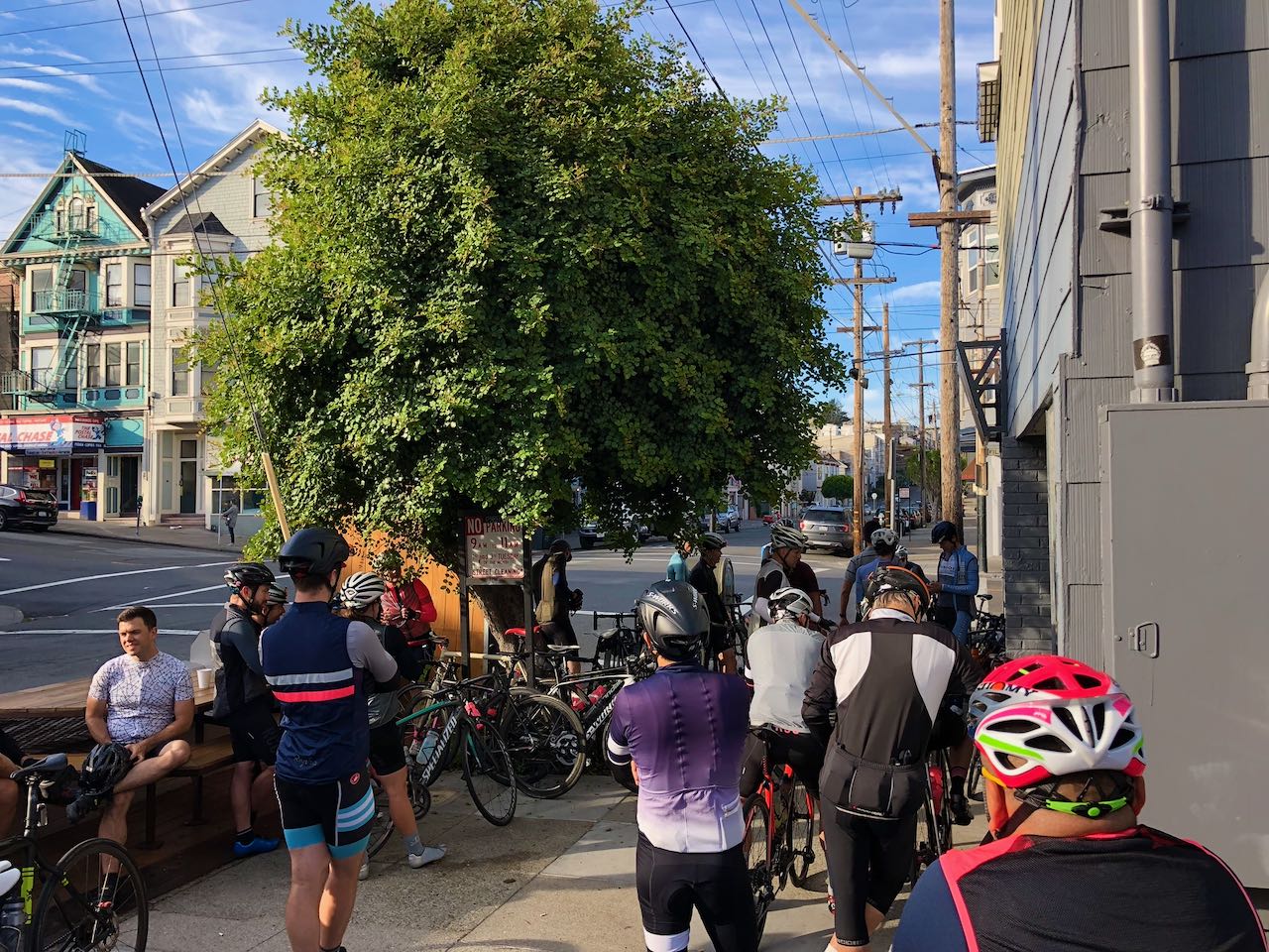 Cyclists socializing outside of the Rapha Clubhouse in San Francisco, California