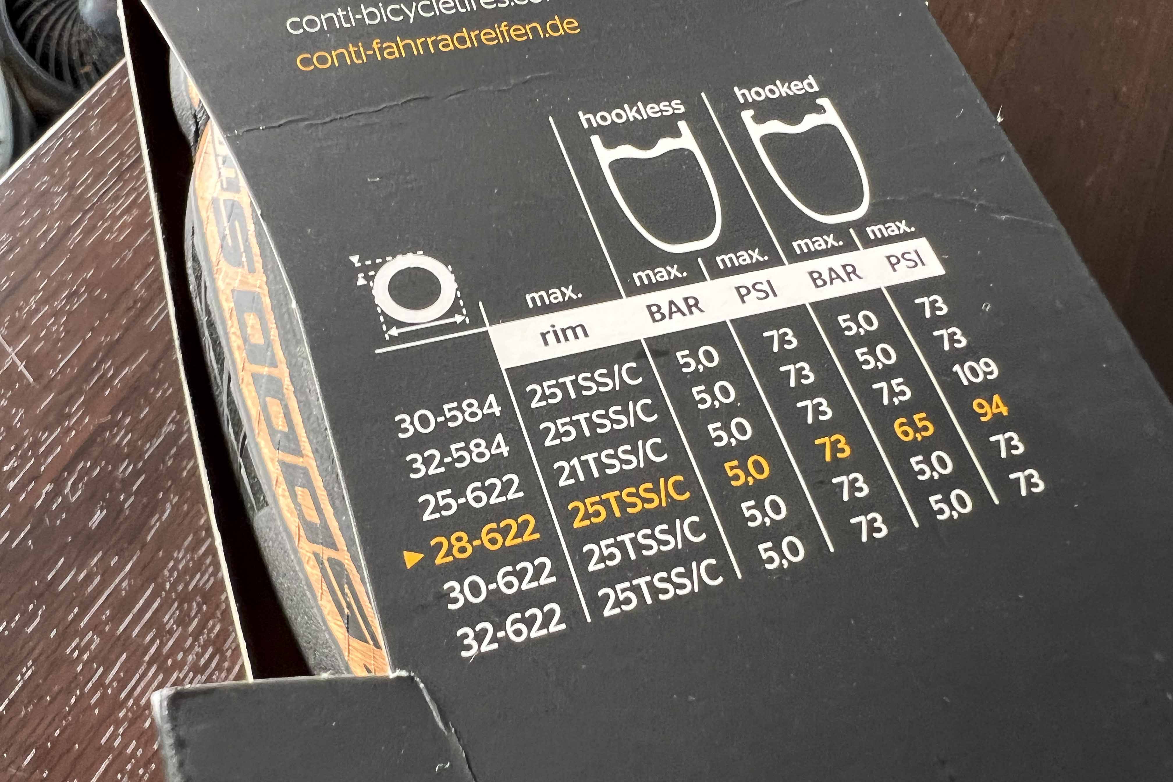 Continental GP5000TL hookless tire packaging showing maximum psi values per sized tire