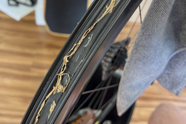 This was the easy part, actually. Leftover Silca sealant on the inside of a tubeless bicycle wheel rim bed