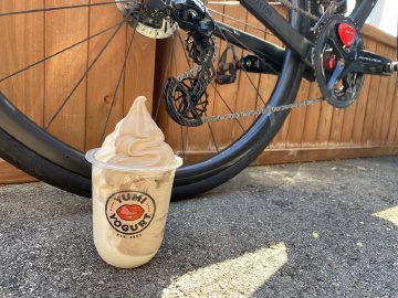 Nova Ride oversized pulley wheel system (OSPW) with a cup of Yumi Yogurt in Belmont, CA