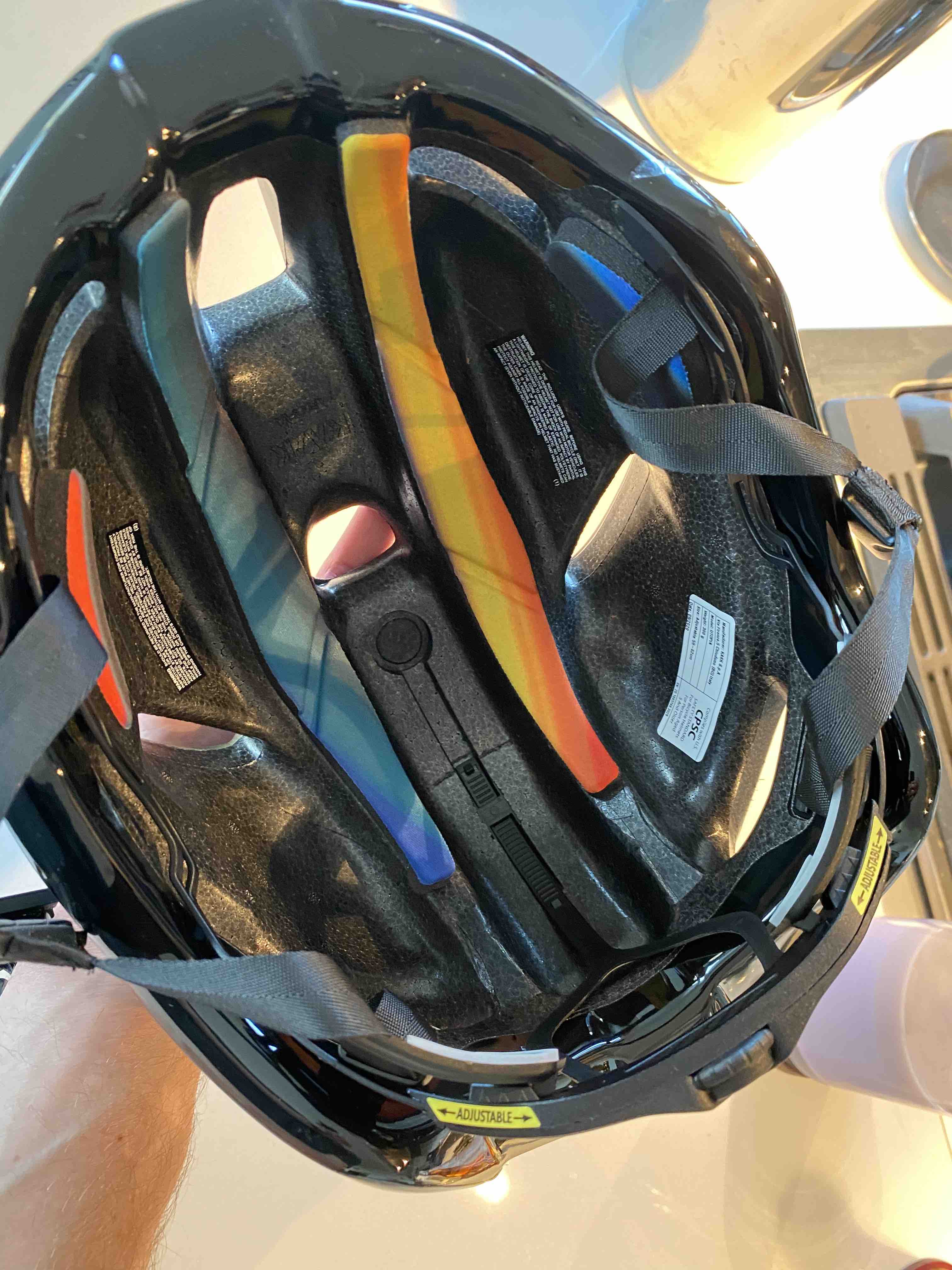 Interior view of Paul Smith custom Kask Utopia bicycle helmet showing matching color pads