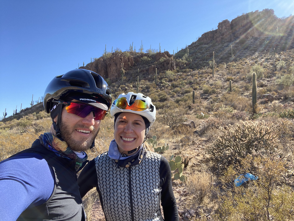 Cyclist selfie posing near Picture Rocks, Arizona after a successful bike ride.