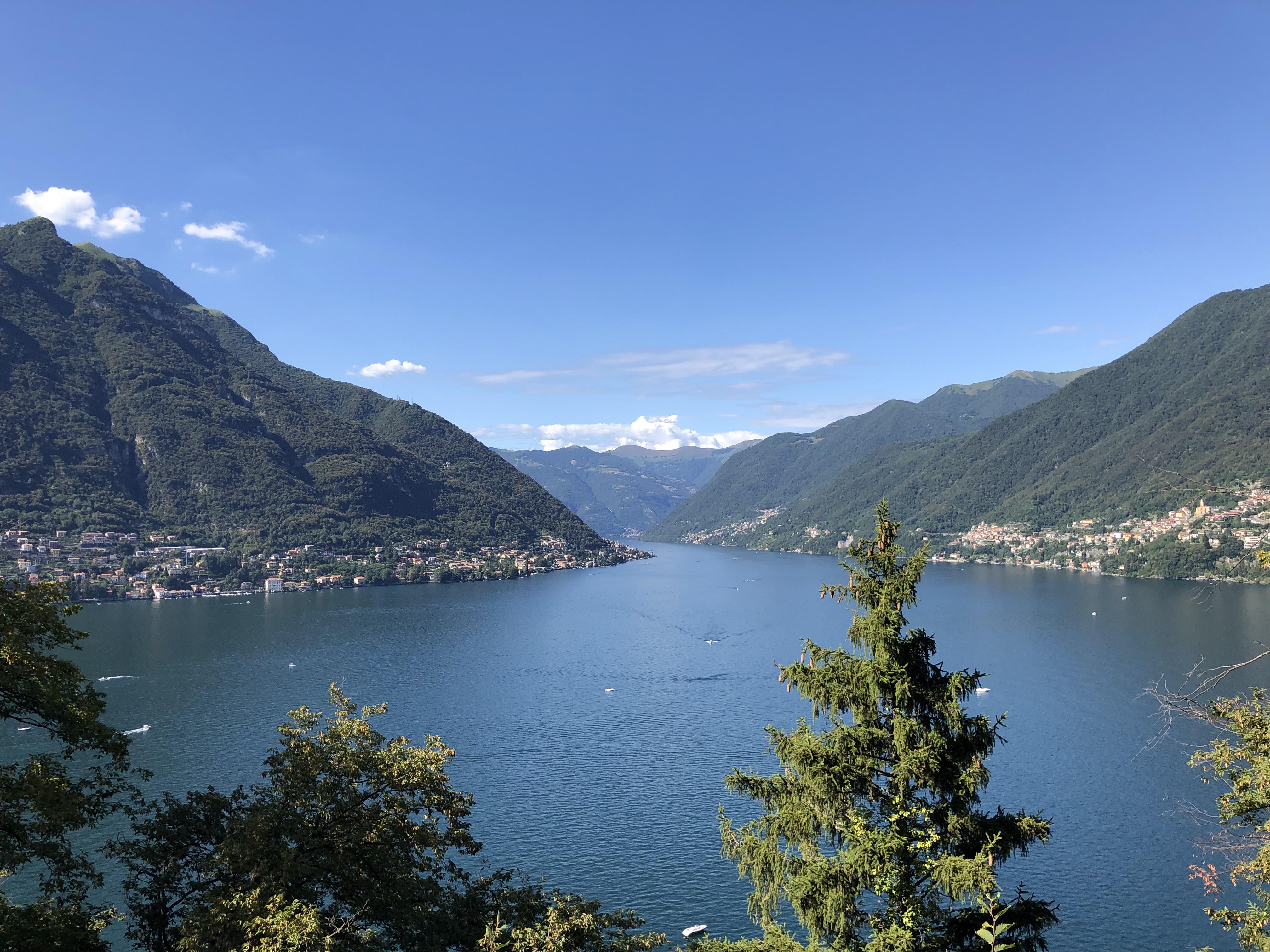 View out over Lake Como in Italy with green trees in the foreground and mountains in the background