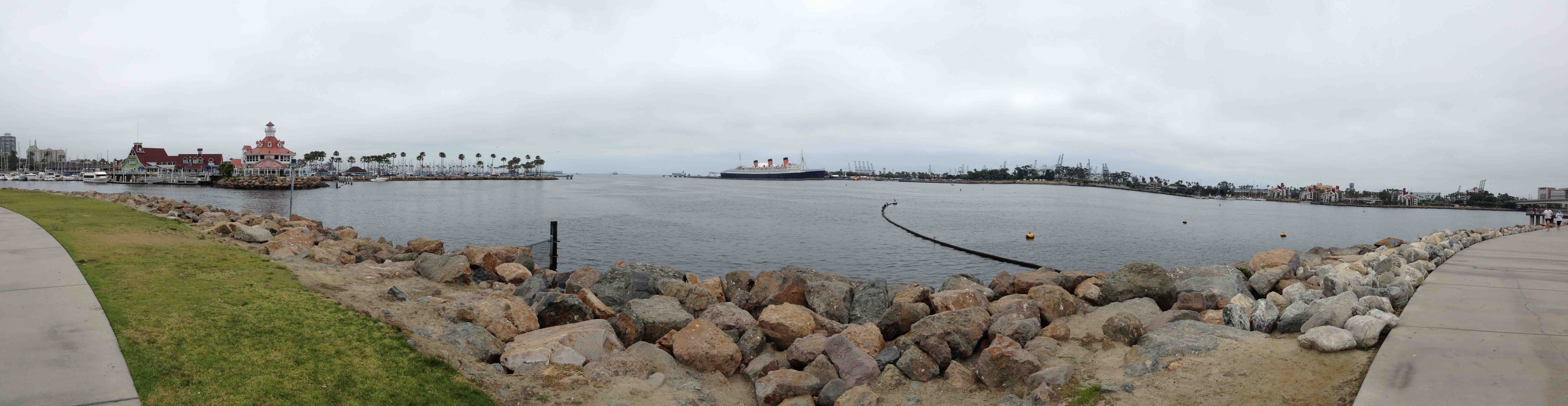 Panoramic photo of Long Beach harbor with the Queen Mary in the background