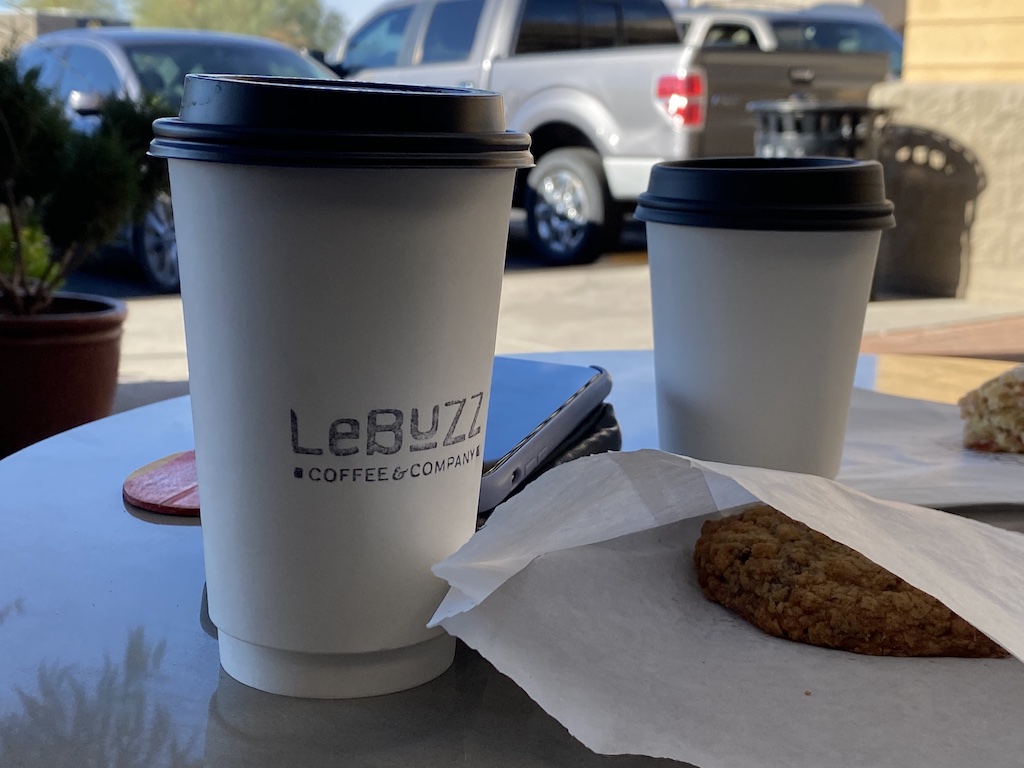 Coffee and a cookie from Le Buzz cafe near Catalina Highway in Tucson, Arizona