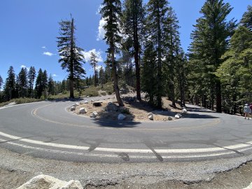 The road is basically perfect through here, too. Switchback road section at Glacier Point Curve Vista in Yosemite National Park.
