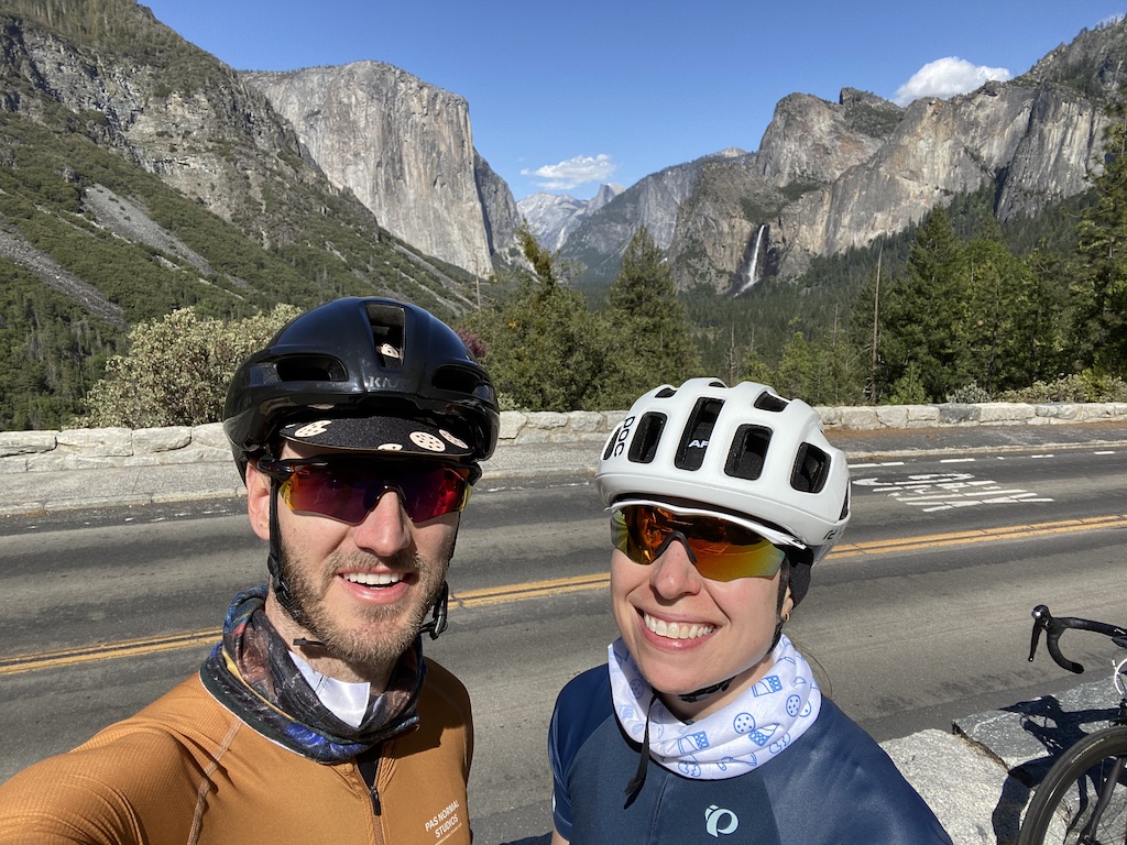 Cyclist couple selfie shot at Tunnel View in Yosemite Valley, Yosemite National Park, California