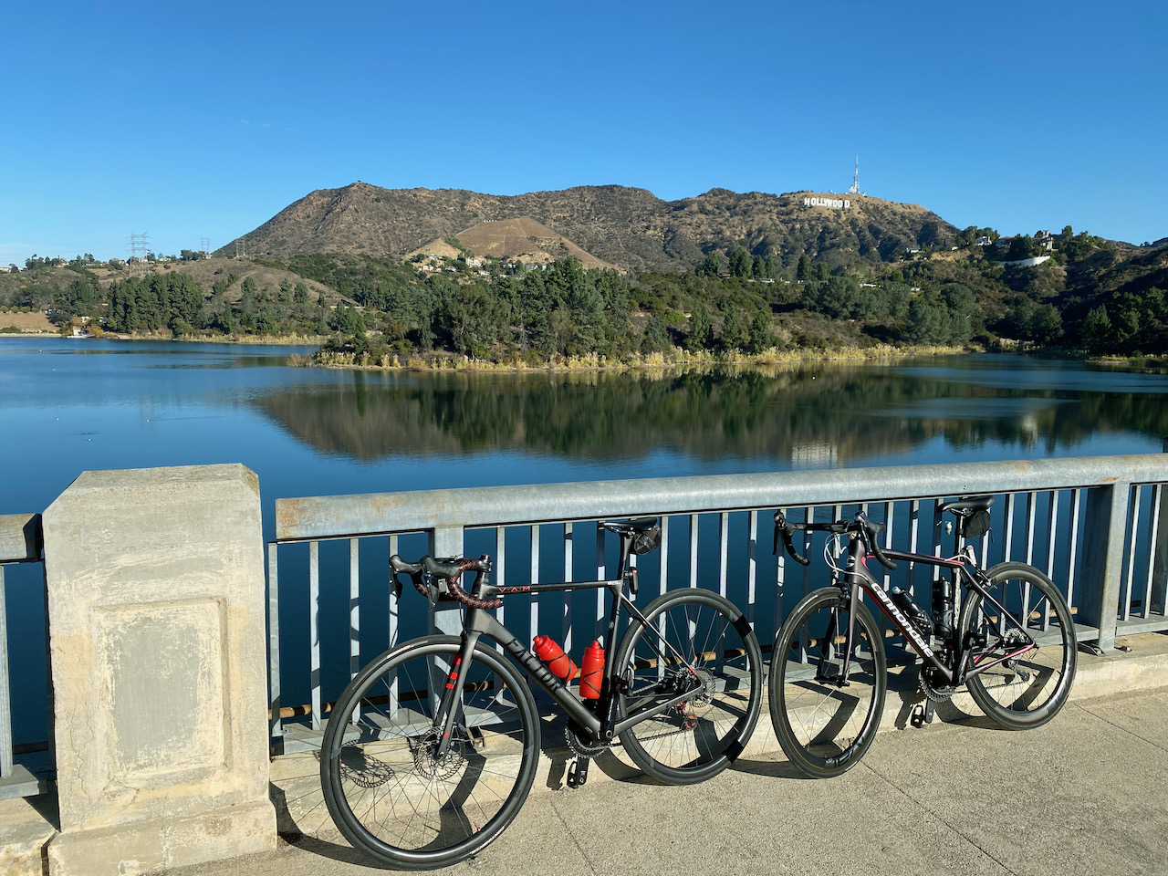 Bicycles at the dam at the Hollywood Reservoir in Los Angeles, California