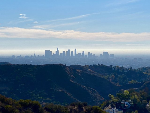 Los Angeles downtown skyline as seen from the top of the Hollywood Sign