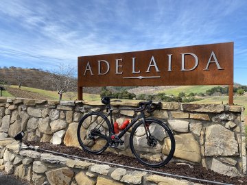 Will have to come back to this winery, it looked like a beautiful property. Factor O2 VAM bicycle resting on a stone wall at Adelaida Winery in Paso Robles, California