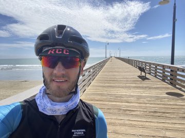 Not much on it, but it's a well maintained pier you can eat your brown butter cookies on. Bicycle rider selfie on the Cayucos, California pier