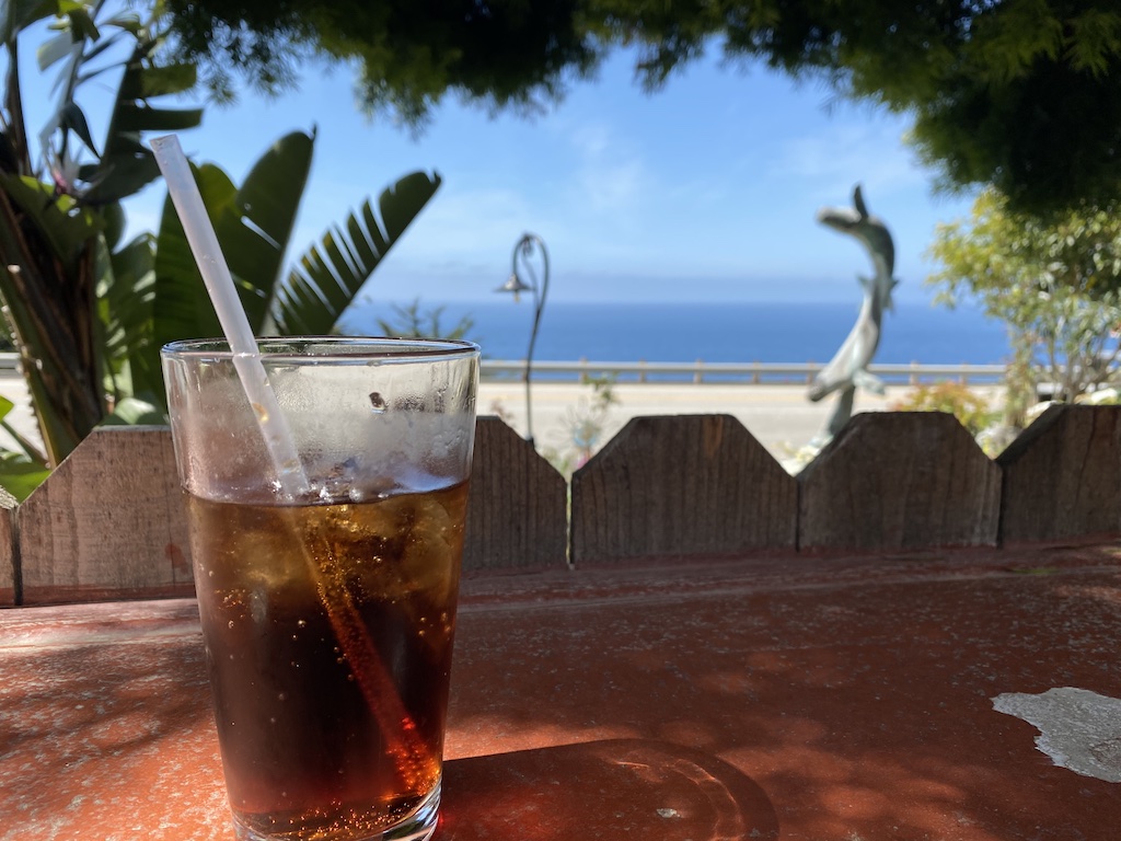 A coke drink at the bar facing the Pacific Ocean at the Whale Watcher's Cafe in Gorda, California