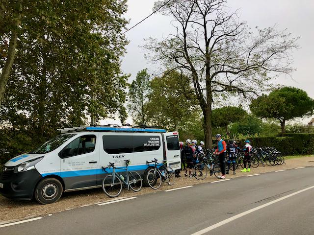 Trek Travel van providing nutritional snacks to cyclists out near Llagostera, Spain