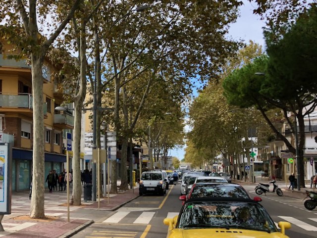 Cars lined up in traffic in Platja d'Aro near the Costa Brava in Spain