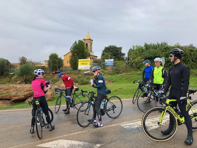 Cyclists gathering in the Girona region near Sant Medir on a Trek Travel cycling camp