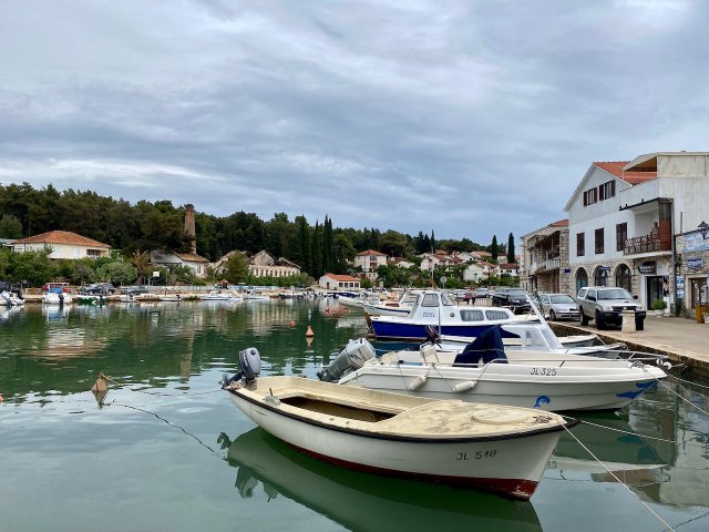 Boats docked in a harbor near Stari Grad, Croatia
