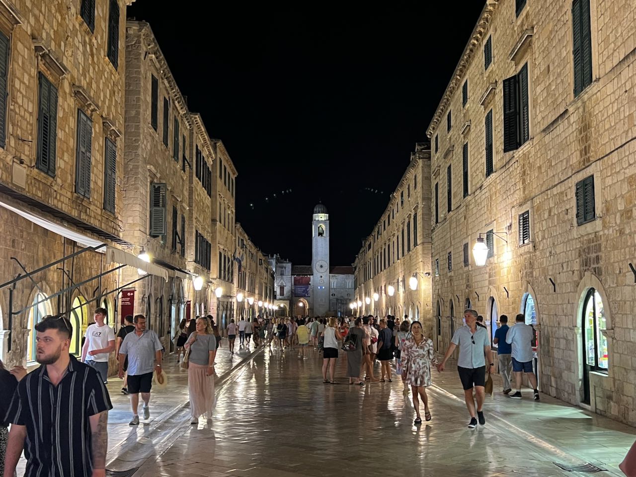 View down the main street at night in the old city of Dubrovnik