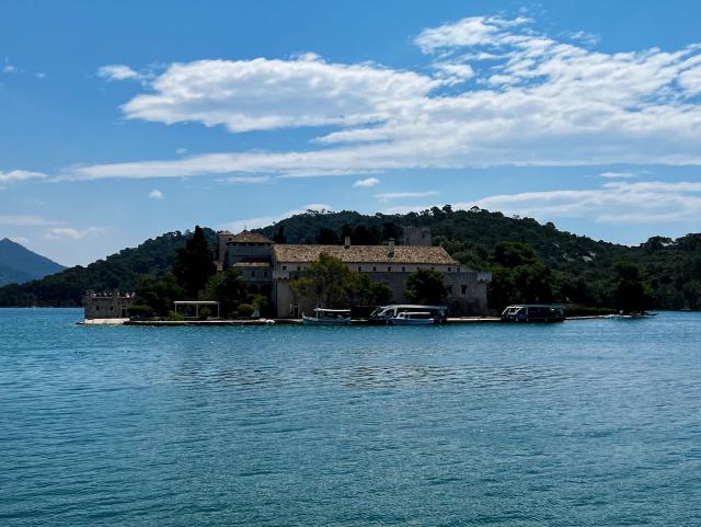 View out over the water towards the monastery out in one of the lakes on Mljet