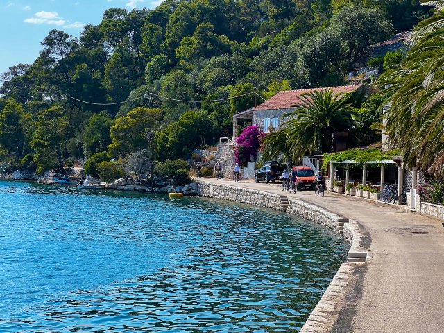 Cyclists riding on a road along the water in Mljet, Croatia