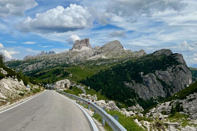 View looking towards the Passo Falzarego from the top of the Passo Valparola in the Italian Dolomites