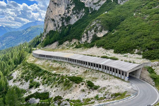 Tunnel along the road from the top of the Passo Falzarego towards Alleghe