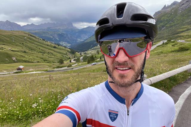 Cyclist selfie on the road up to the Passo Pordoi