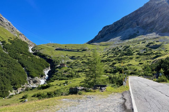 View up towards the Stelvio Pass near the waterfall